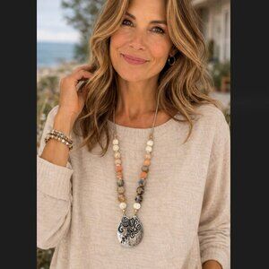 J. Jill Beaded Pendant Necklace Agate Lava Stone Etched Boho Nature Artisan NWT